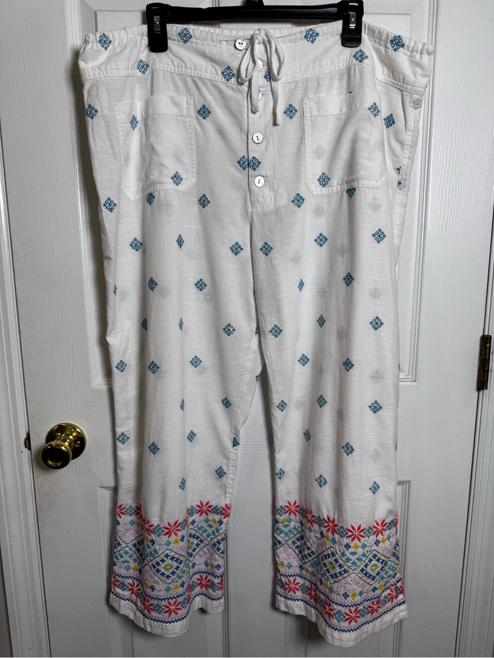 Sundance Beachside Stroll Embroidered Wide Leg Crop Pants Cotton XL Boho Coastal